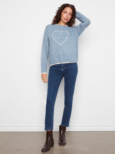 Stylish blue sweater with intricate heart embroidery, complemented by long sleeves and ribbed hem by Charlie B.
