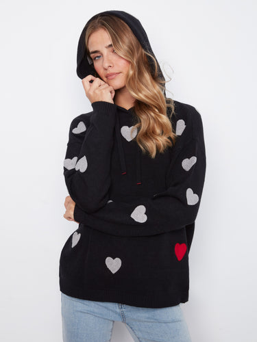 Black hoodie with embroidered hearts, featuring long sleeves and a cozy hood for added warmth. Perfect for casual outings by Charlie B.