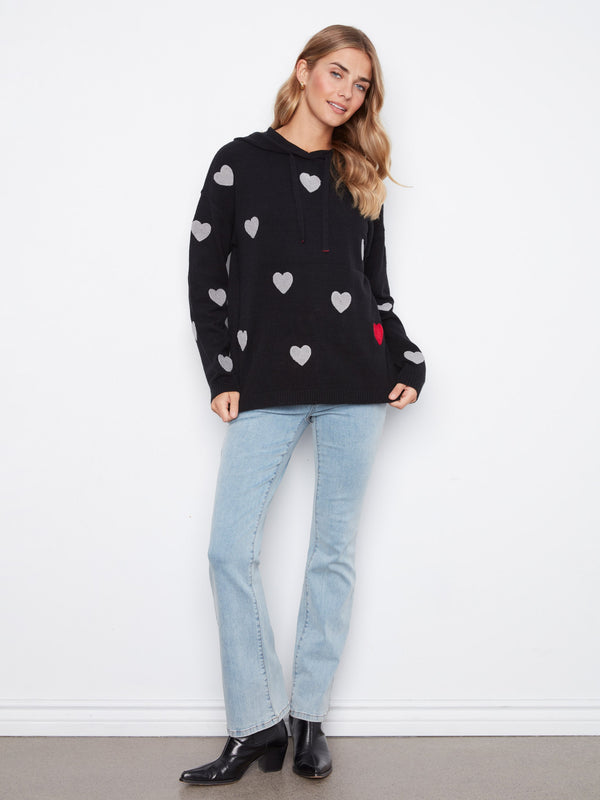 Embroidered Hearts Hoodie Sweater - Black