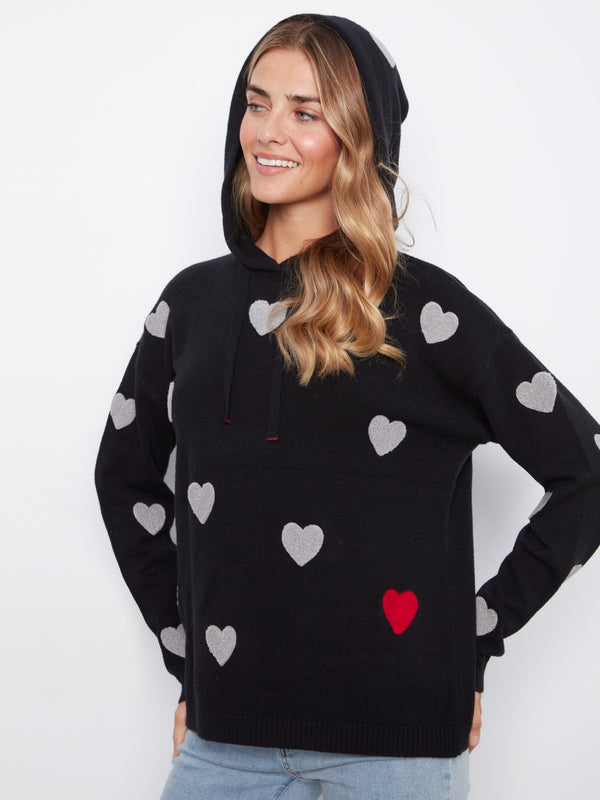 Embroidered Hearts Hoodie Sweater - Black