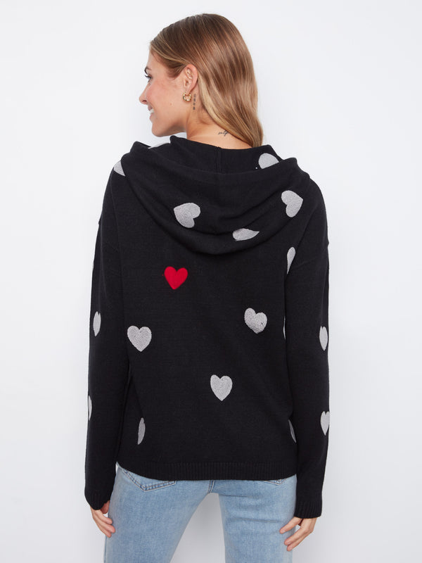 Embroidered Hearts Hoodie Sweater - Black