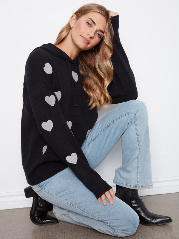 Embroidered Hearts Hoodie Sweater - Black