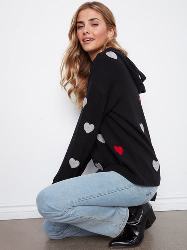 Trendy black hoodie embellished with heart patterns, offering ribbed cuffs and hem to enhance your everyday style effortlessly by Charlie B.