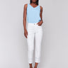 White slim-leg jeans with an embroidered hem and classic five-pocket design by Charlie B.