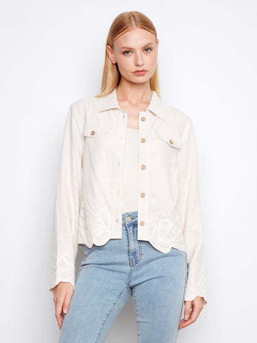 Cream jacket with a short length, featuring a front button closure and faux flap pockets for a chic look by Charlie B.