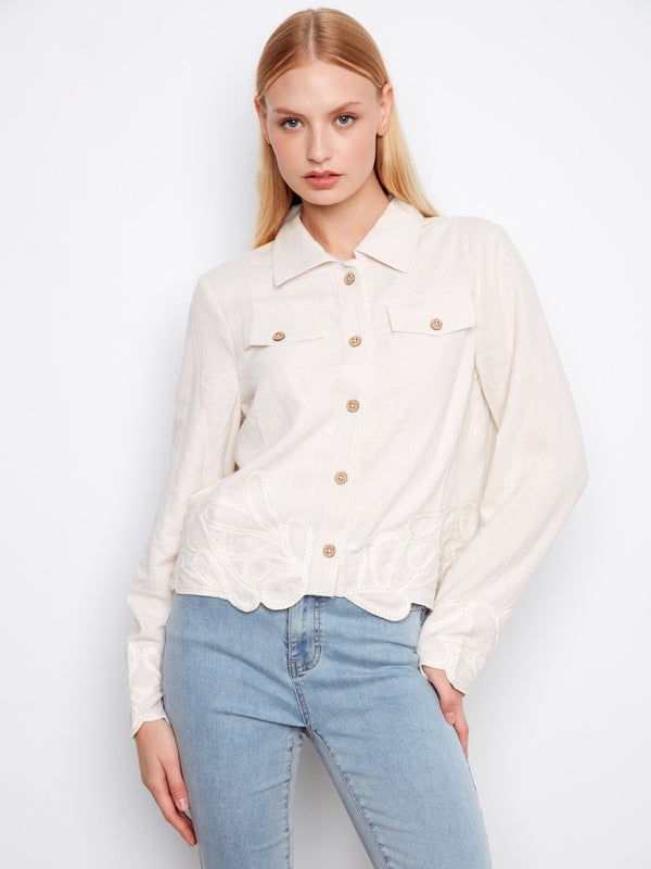 Chic cream jacket with embroidered details on the hem, perfect for elevating casual styles by Charlie B.