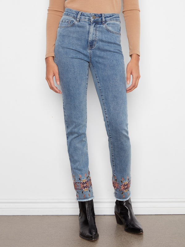 Jean à jambe étroite avec ourlet brodé - Bleu Moyen