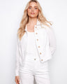 White linen jacket featuring a short length with button closure and embroidered yoke, perfect for any casual outing by Charlie B.