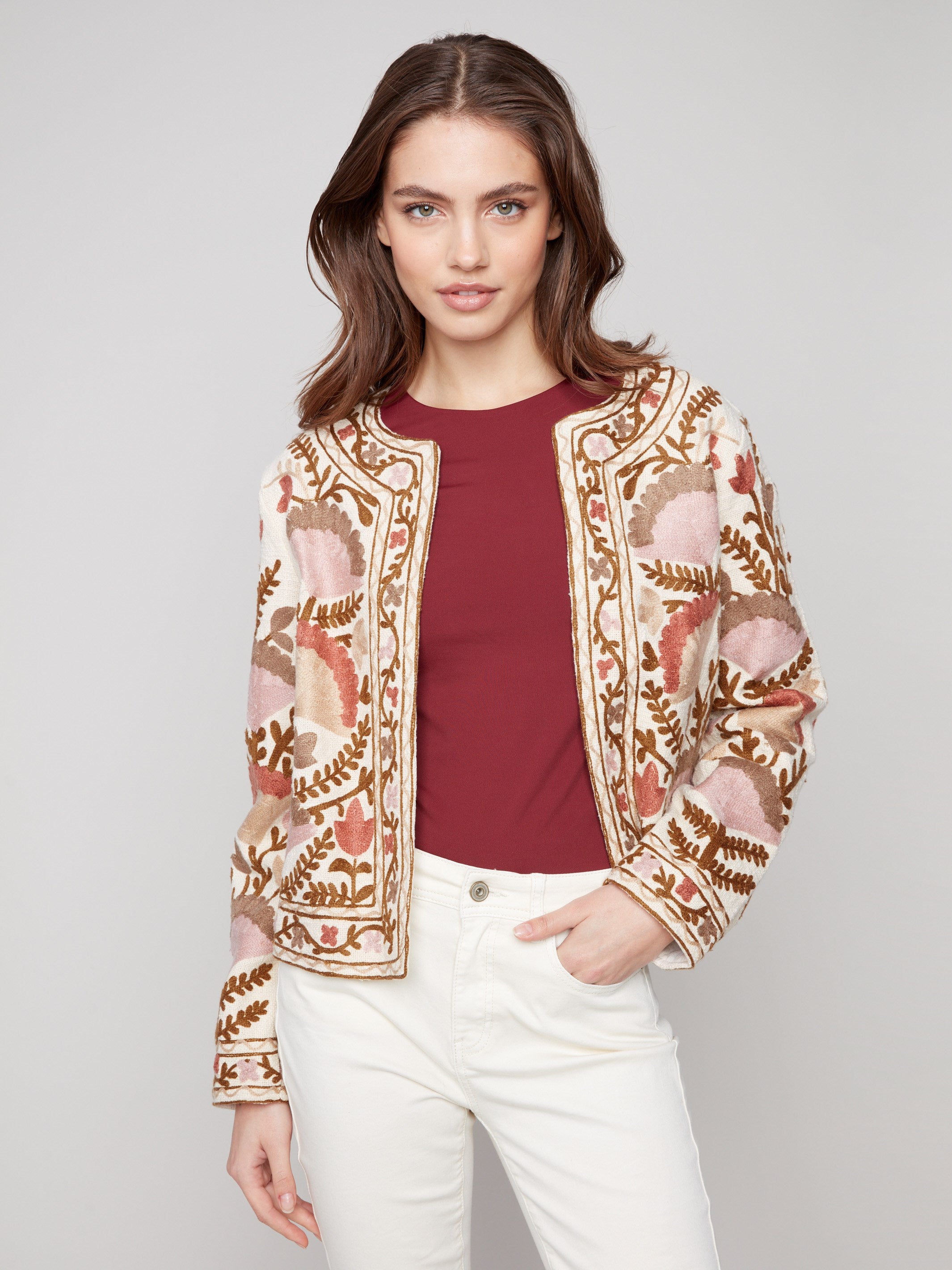 Chic embroidered jacket featuring a short length, ideal for versatile styling by Charlie B.