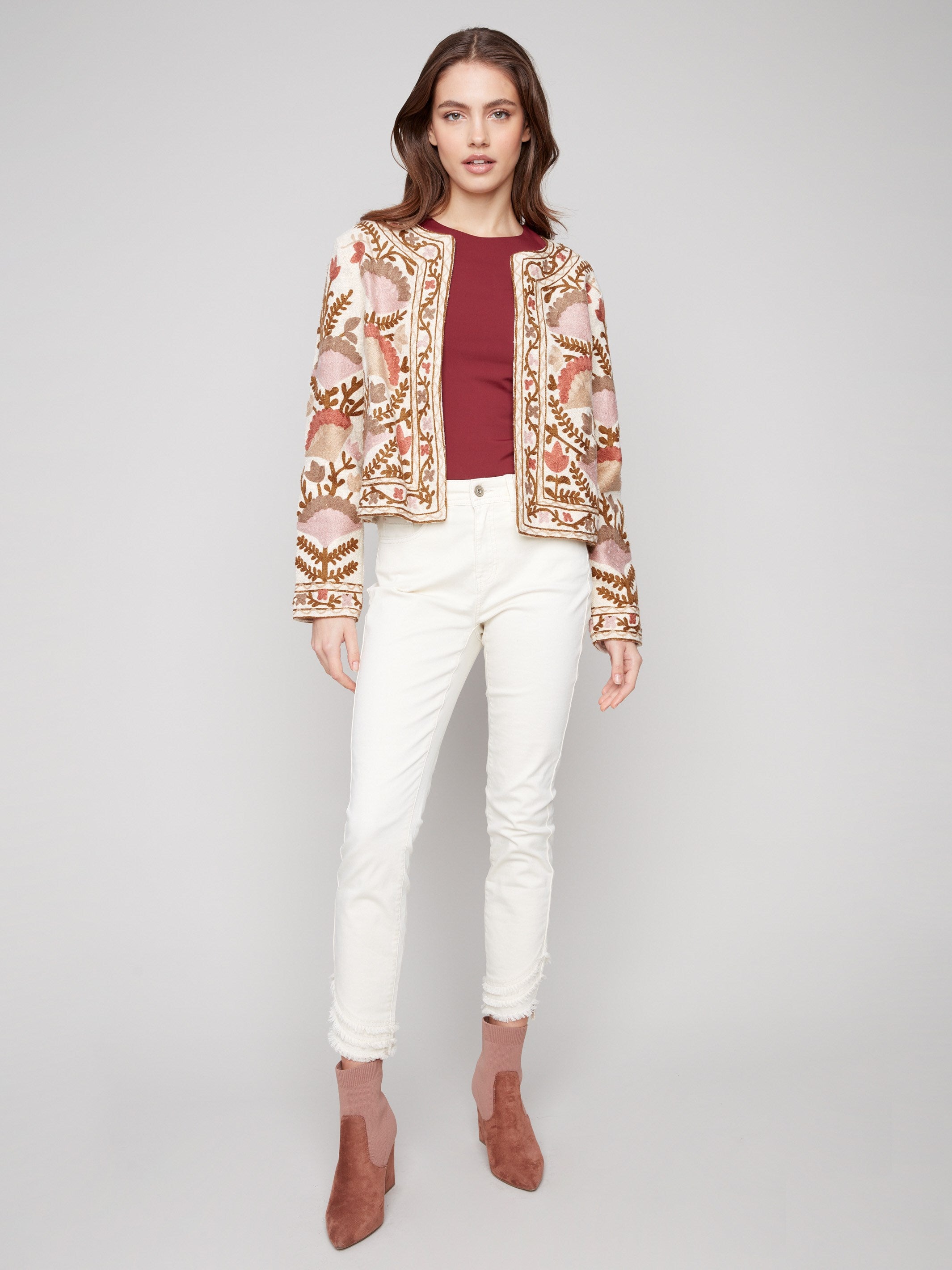 Elegant open front jacket with intricate embroidery, crafted from 100% cotton by Charlie B.