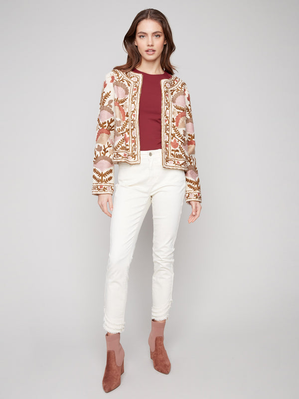 Elegant open front jacket with intricate embroidery, crafted from 100% cotton by Charlie B.