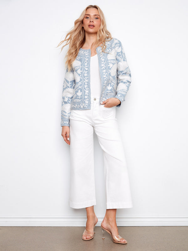 Embroidered light blue jacket with set-in long sleeves and floral pattern by Charlie B.