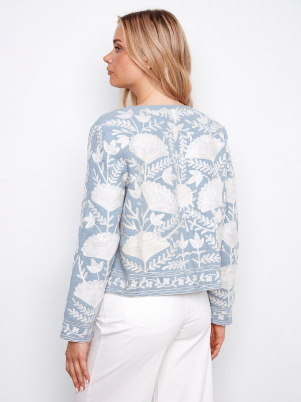 Stylish light blue embroidered jacket crafted from pure cotton, offering a chic look by Charlie B.