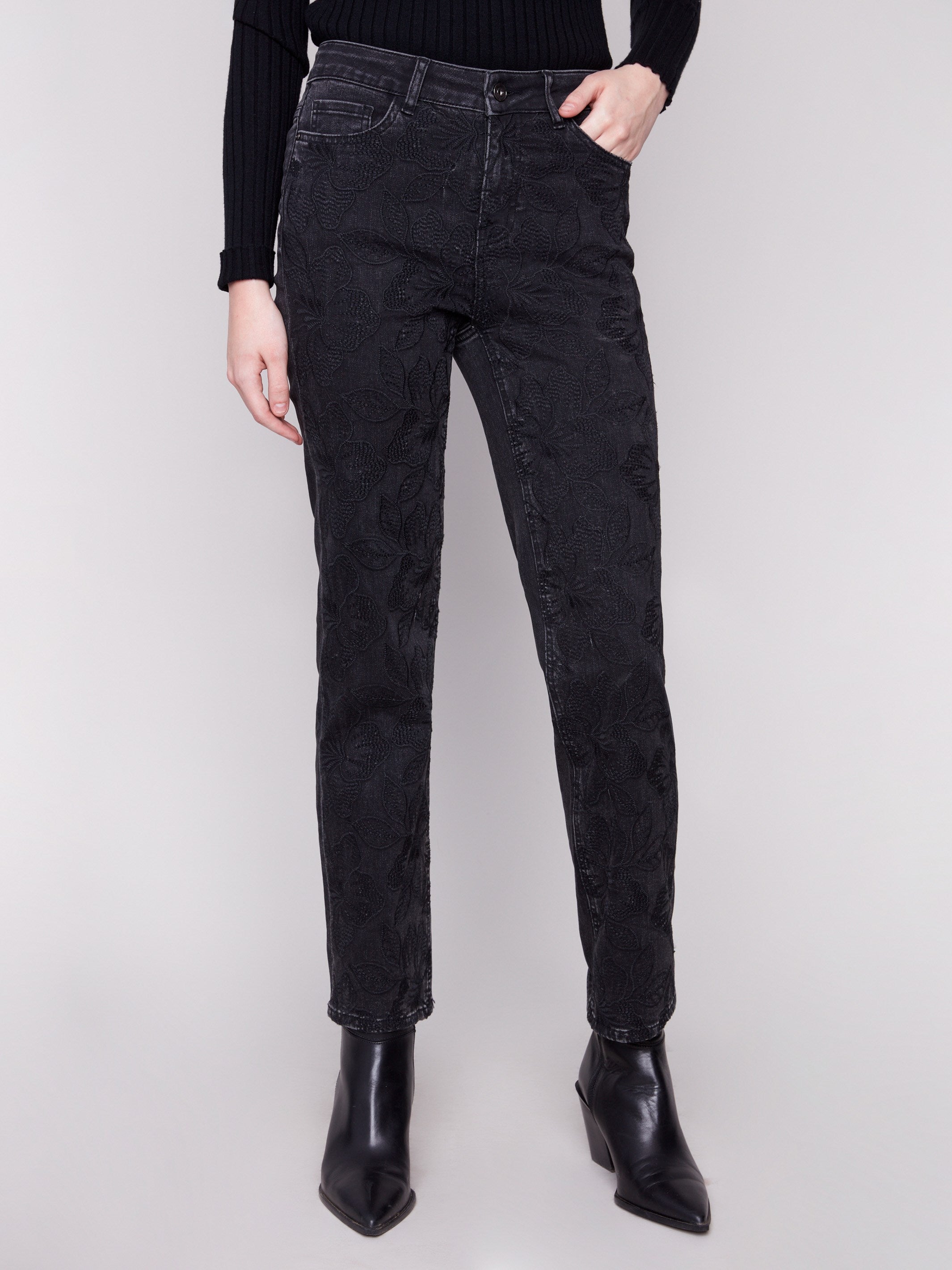 Embrace the tonal embroidery on these chic charcoal jeans, adding texture and flair to your wardrobe by Charlie B.