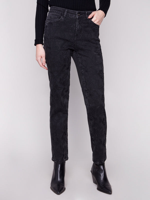 Embrace the tonal embroidery on these chic charcoal jeans, adding texture and flair to your wardrobe by Charlie B.