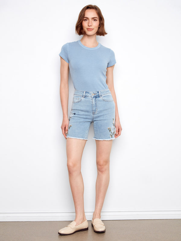 Embroidered Stretch Denim Shorts - Light Blue