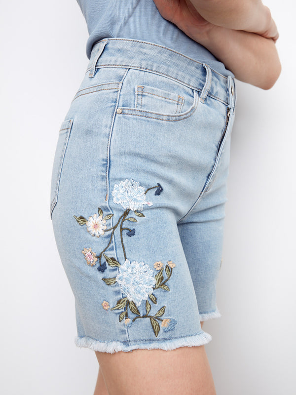 Embroidered Stretch Denim Shorts - Light Blue