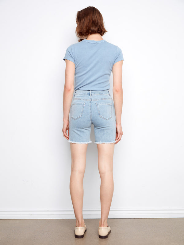 Short en denim extensible à broderie - Bleu Pâle