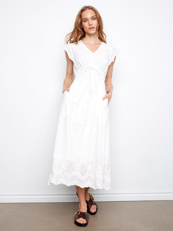 Embroidered V-Neck Midi Dress - White