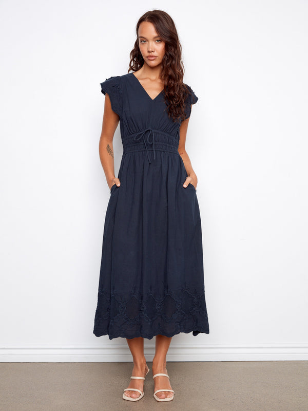 Embroidered V-Neck Midi Dress - Navy