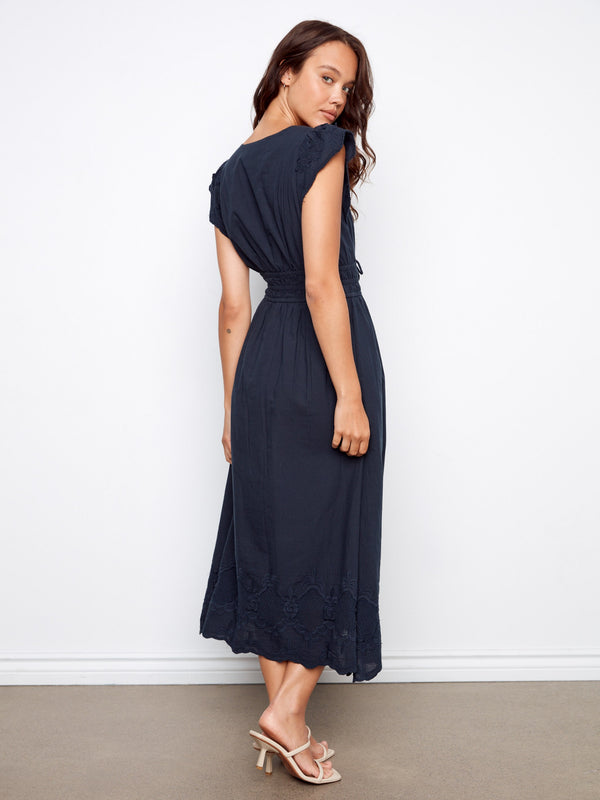 Embroidered V-Neck Midi Dress - Navy