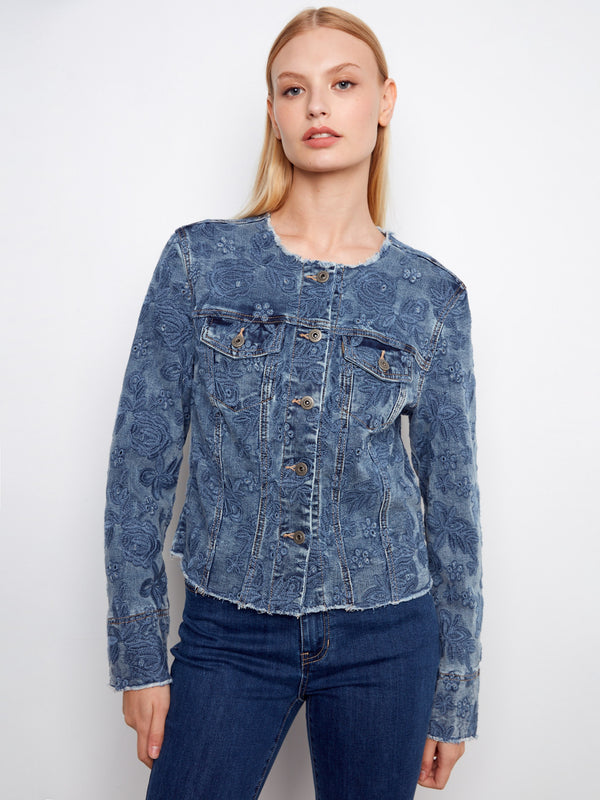 Embrace style with this medium blue denim jacket, complete with button front closure and frayed hem by Charlie B.