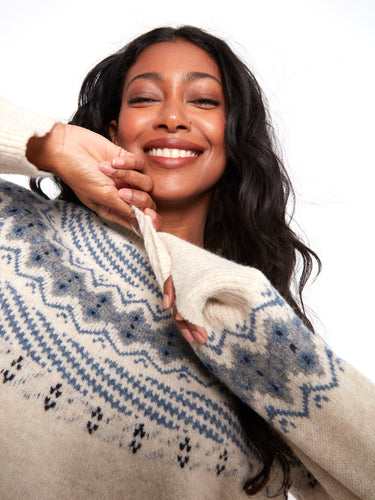 Chic Fair Isle sweater featuring raglan sleeves and a classic crew neck, designed for ultimate comfort and style by Charlie B.