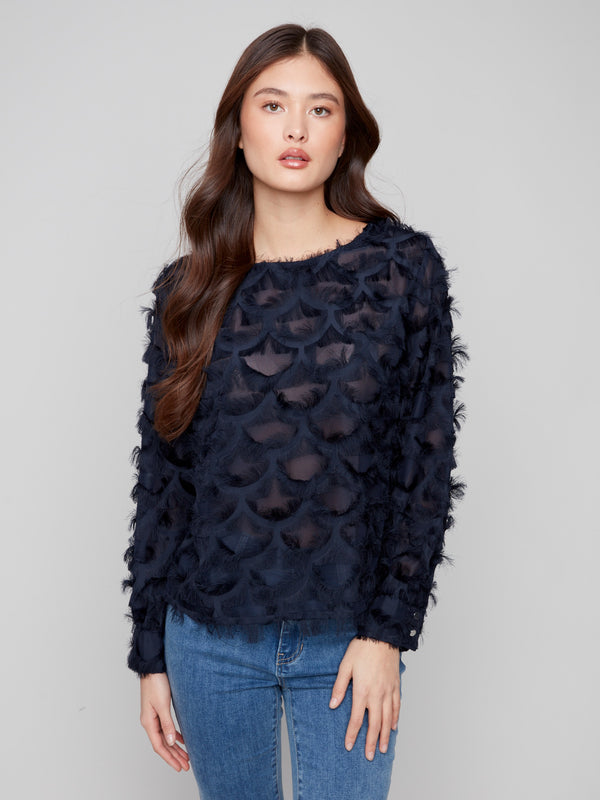 Navy blue chiffon blouse with boat neck and textured design, perfect for elegant occasions by Charlie B.