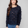 Navy blue chiffon blouse with boat neck and textured design, perfect for elegant occasions by Charlie B.