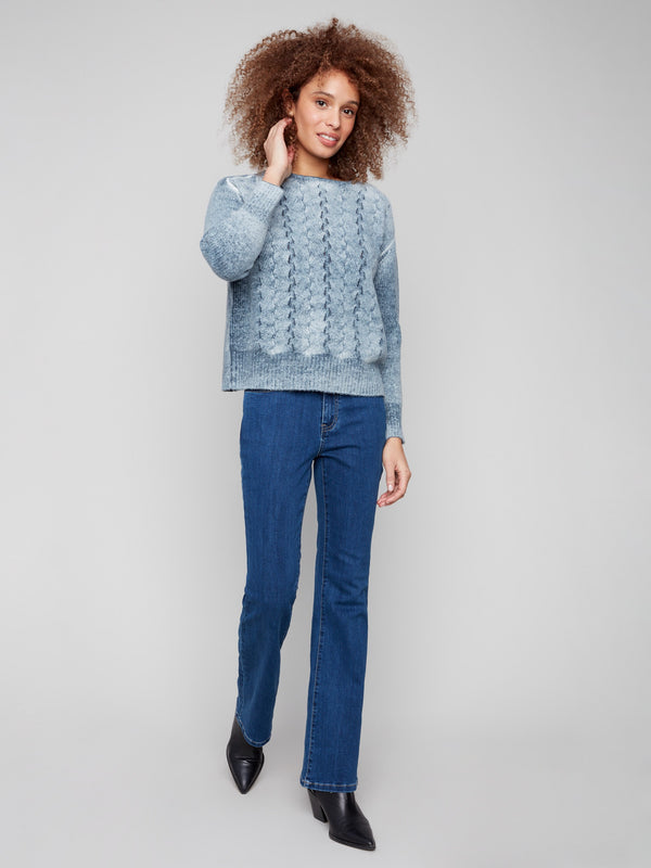 Denim crew neck sweater with a classic front cable knit design, perfect for casual outings by Charlie B.