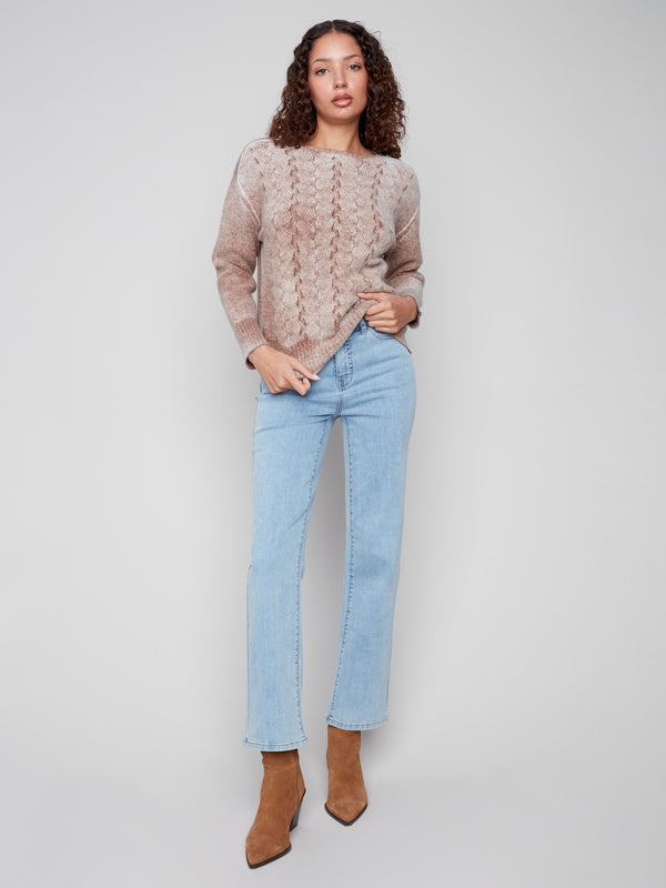 Chic sepia sweater designed with ribbed cuffs and hem for added comfort by Charlie B.