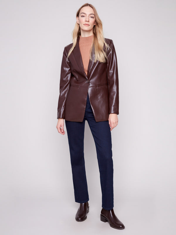Cabernet faux leather blazer with princess seams and a sleek tailored design, perfect for any occasion by Charlie B.