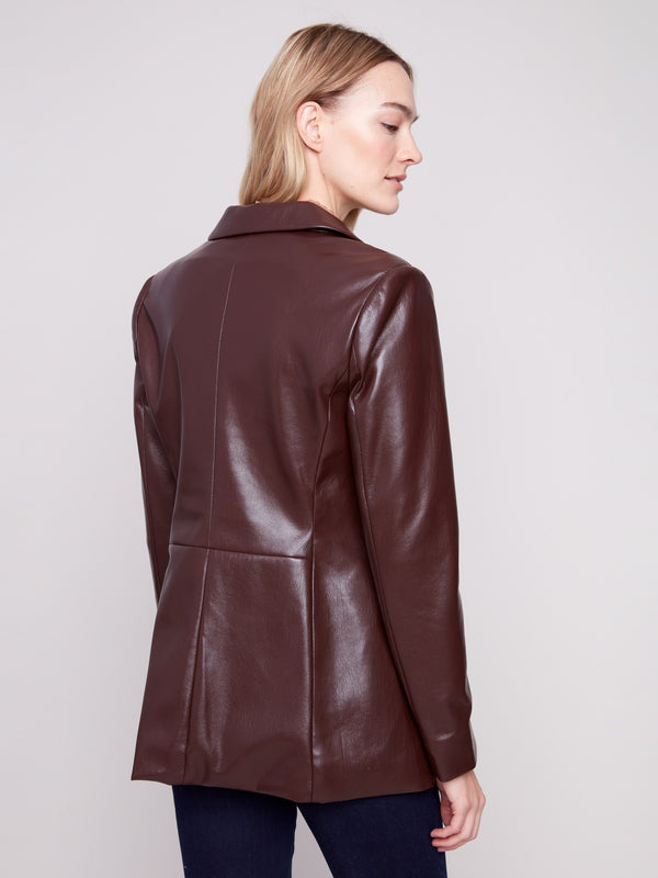 Stylish cabernet faux leather blazer with one button closure, offering a modern touch to classic tailoring by Charlie B.