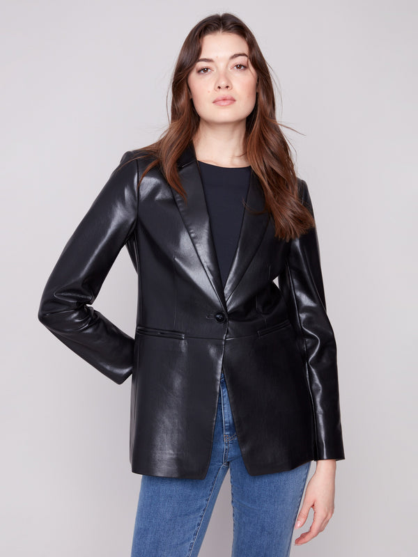 Black faux leather blazer with princess seams for a flattering silhouette, featuring tailored elegance by Charlie B.