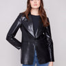 Black faux leather blazer with princess seams for a flattering silhouette, featuring tailored elegance by Charlie B.