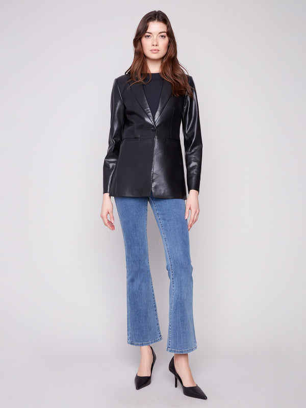 Elegant black faux leather blazer with a chic one button closure, offering a sophisticated look by Charlie B.