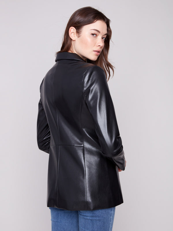 Distinctive black faux leather blazer featuring a classic lapel notch collar for timeless style by Charlie B.