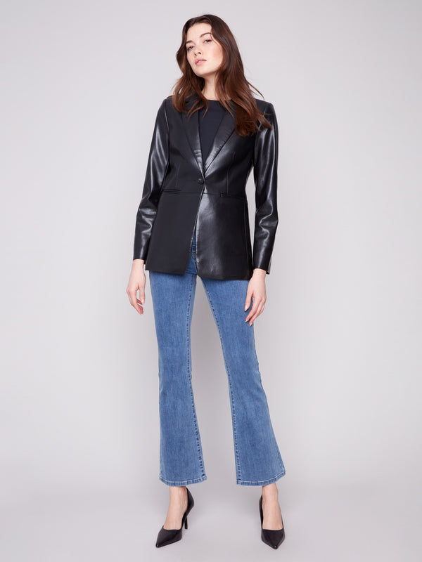 Faux Leather Blazer - Black