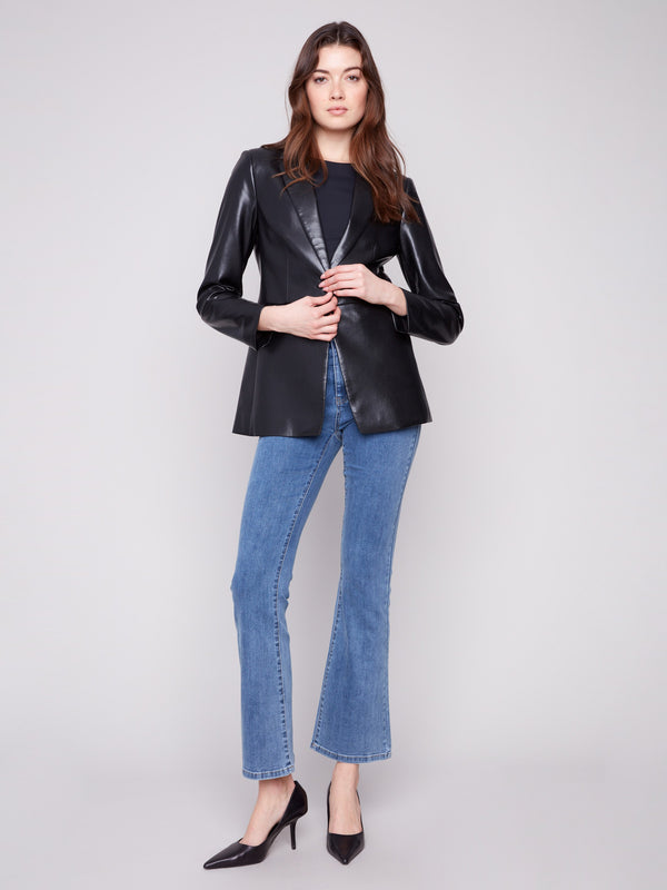 Faux Leather Blazer - Black