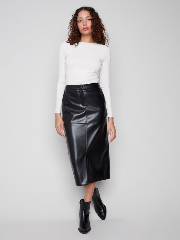 Faux Leather Midi Skirt - Black