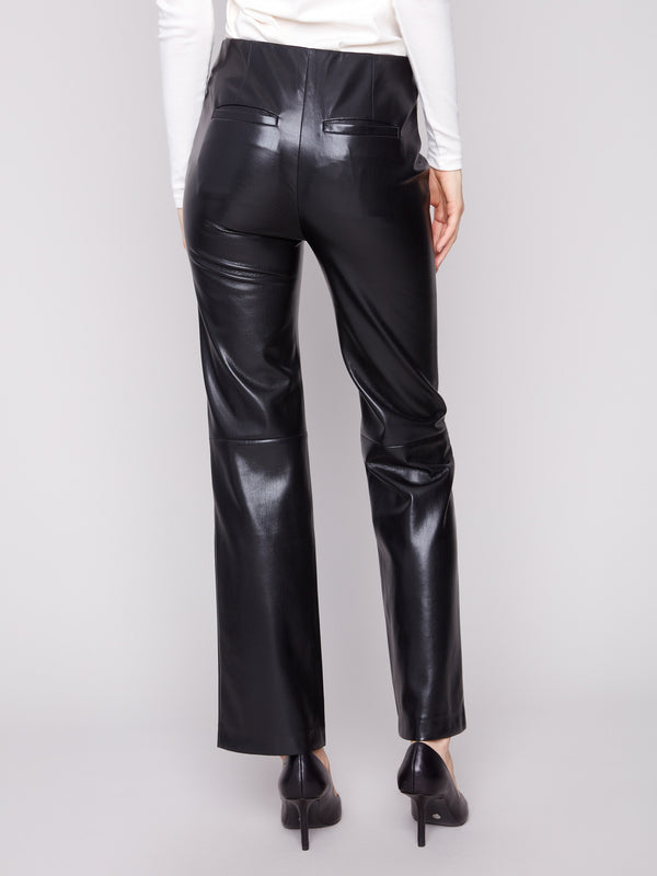 Chic black faux leather pull-on pants with practical back welt pockets for added style by Charlie B.