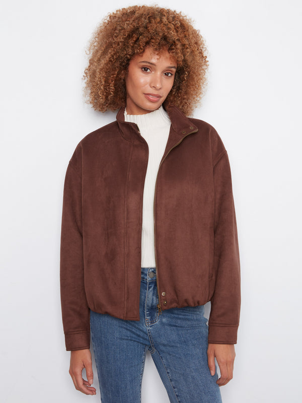 Faux Suede Bomber Jacket - Coffee