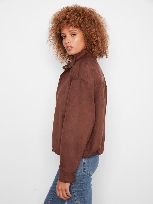Faux Suede Bomber Jacket - Coffee