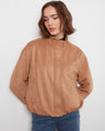 Latte-colored faux suede bomber jacket featuring a satin lining and elegant design for ultimate comfort by Charlie B.