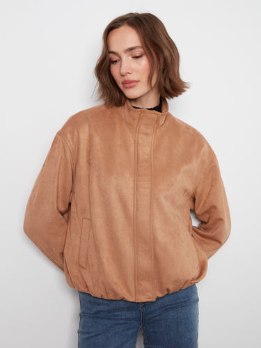 Latte-colored faux suede bomber jacket featuring a satin lining and elegant design for ultimate comfort by Charlie B.