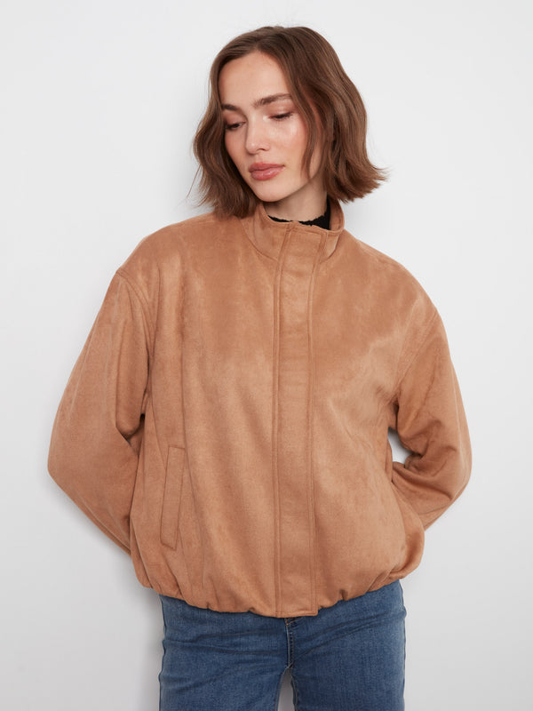 Faux Suede Bomber Jacket - Latte