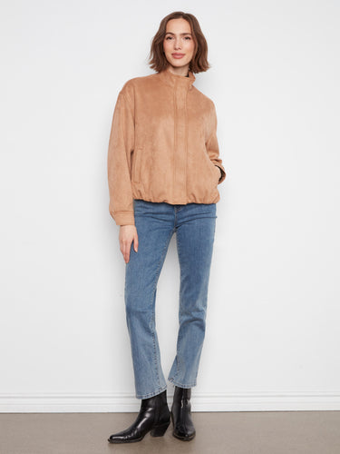 Chic latte-colored bomber jacket with zipper closure, offering a stylish and practical touch to your wardrobe by Charlie B.