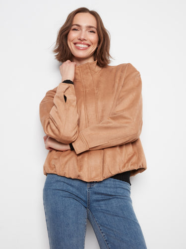 Elegant latte faux suede bomber with relaxed fit, combining style and comfort effortlessly in any outfit by Charlie B.