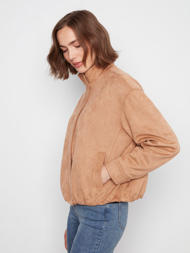 Latte-colored bomber jacket designed with an elastic hem, providing a snug yet flexible fit for all-day wear by Charlie B.