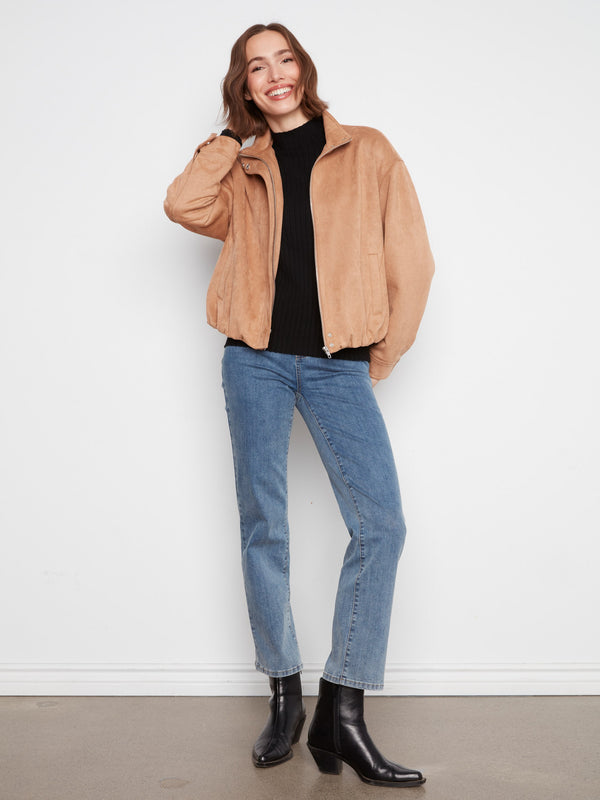 Faux Suede Bomber Jacket - Latte